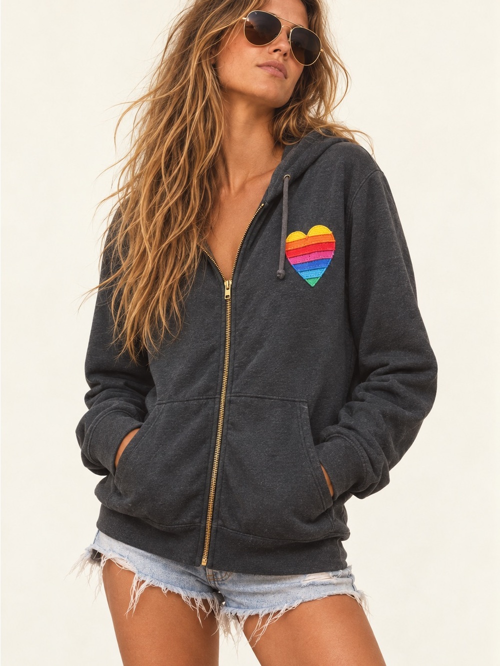 Aviator Nation Rainbow Heart Zip Hoodie Charcoal Gray Full Zip Sweatshirt XL